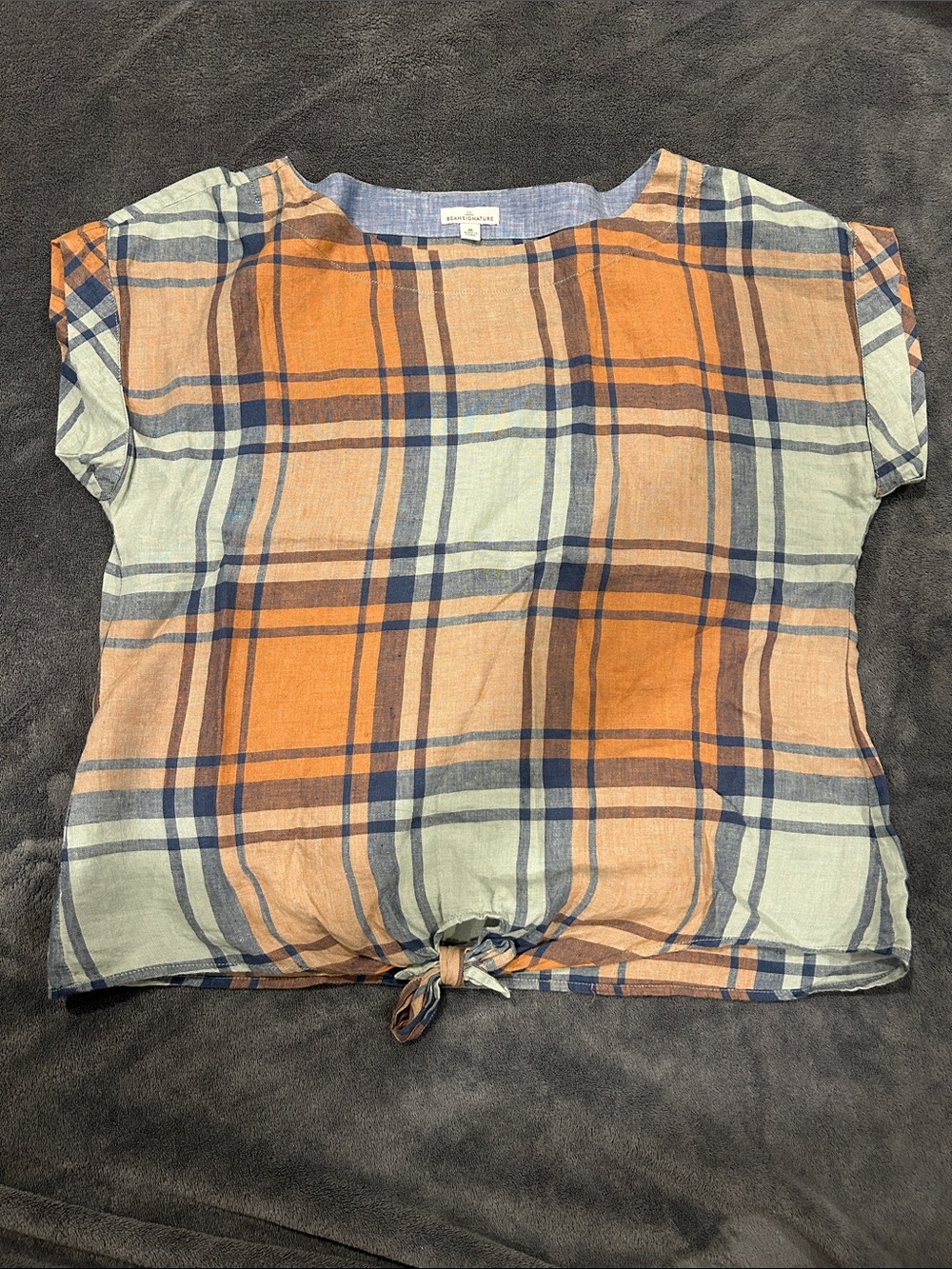 Signature Plaid Short-Sleeve Tie-Hem Linen Top